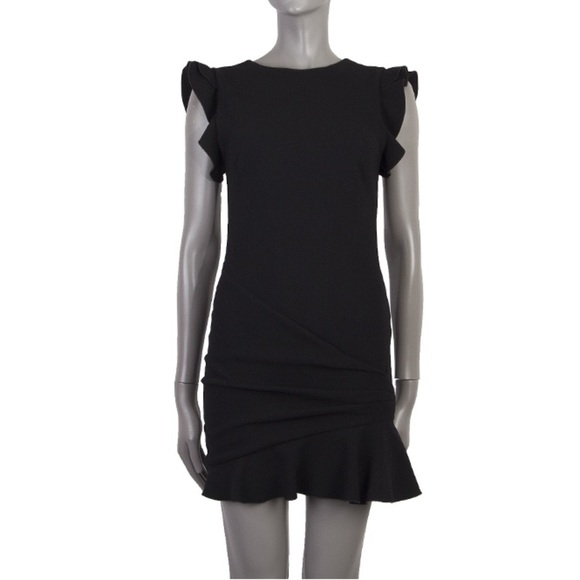 🌈 EMILIO PUCCI Dress Black Ruffled Stretch Wool Crepe Size US 6 Cap Sleeve Mini